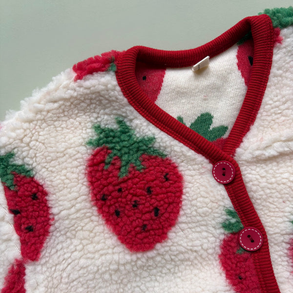 red and green strawberry print on soft fleece fabric