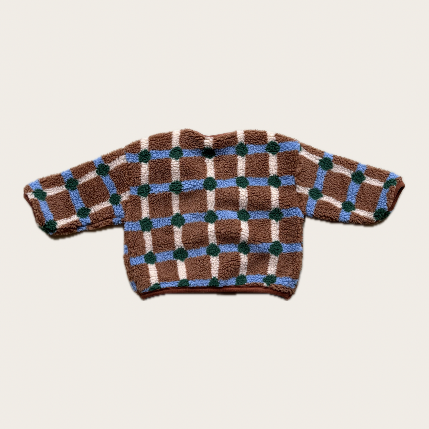 back of brown and blue check fleece jacket