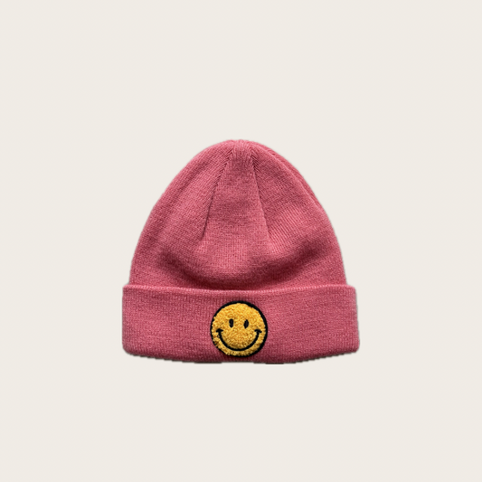 pink smiley face beanie with yellow embroidery – Village concept store