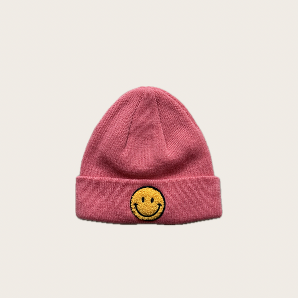 pink smiley face beanie with yellow embroidery – Village concept store