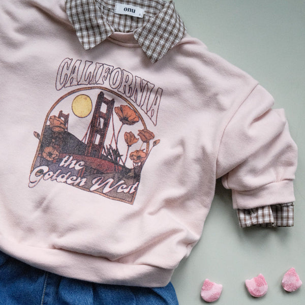 Pink sweatshirt with 'California, THE GOLDEN WEST' graphic design, brown check shirt and blue jeans