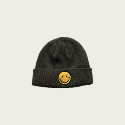 khaki green smiley face beanie with yellow embroidery – Village concept store