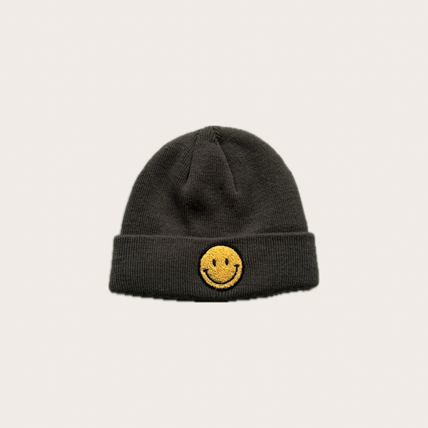 khaki green smiley face beanie with yellow embroidery – Village concept store