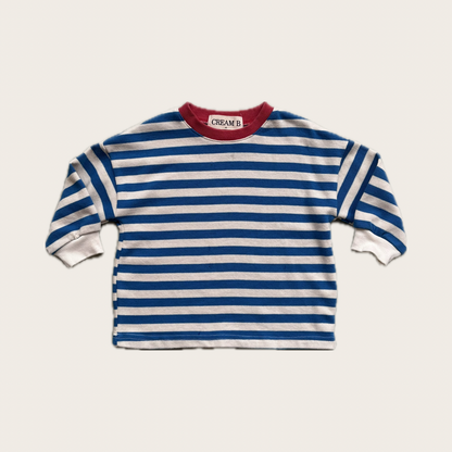 blue and white striped heavy weight t shirt with red neck – Village concept store