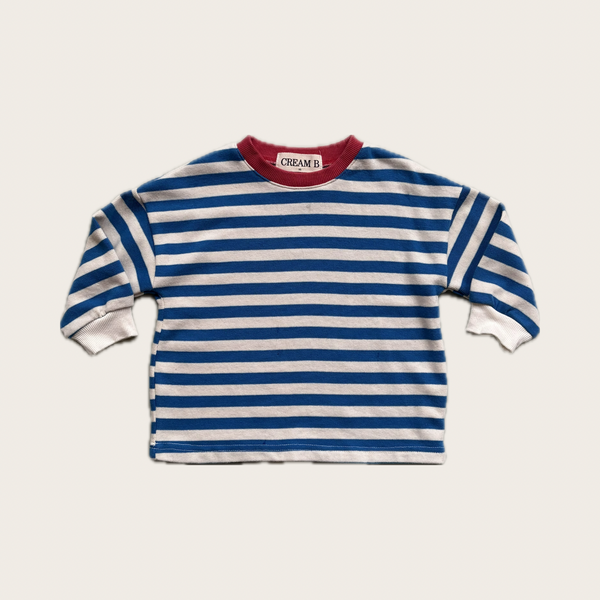 blue and white striped heavy weight t shirt with red neck – Village concept store