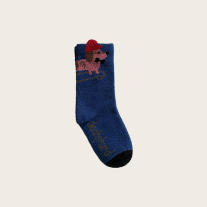 dachshund on skateboard print sock in grey and blue