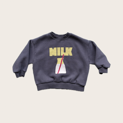 'MILK' kids fun slogan sweatshirt in charcoal and lemon - Village Concept Store