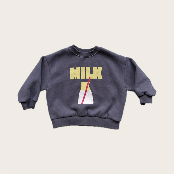 'MILK' kids fun slogan sweatshirt in charcoal and lemon - Village Concept Store