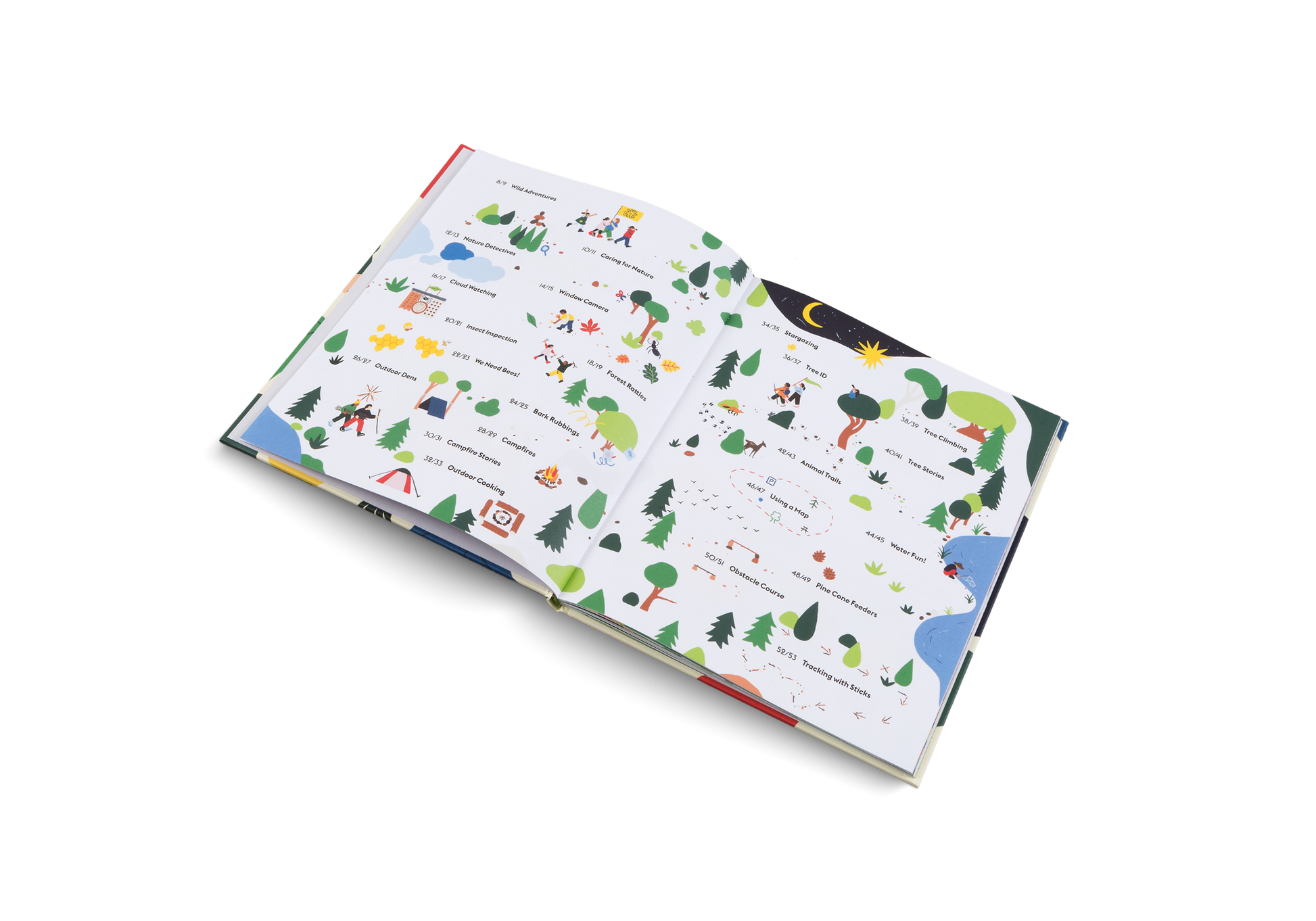 Open pages of Let’s Play Outdoors picture book showing illustrated scenes for kids
