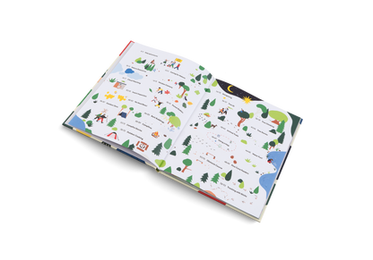 Open pages of Let’s Play Outdoors picture book showing illustrated scenes for kids