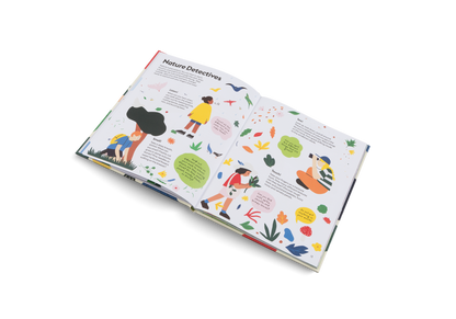 Open pages of Let’s Play Outdoors picture book showing illustrated scenes for kids