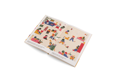 Open pages of You and Me and Everybody Else showing illustrated scenes for kids