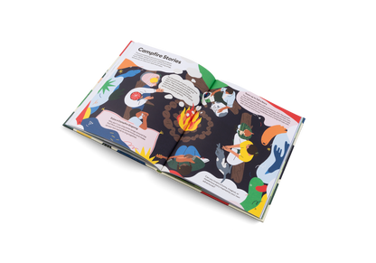 Open pages of Let’s Play Outdoors picture book showing illustrated scenes for kids