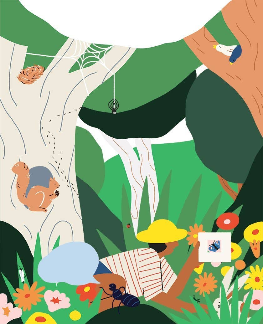 Open pages of Let’s Play Outdoors picture book showing illustrated scenes for kids